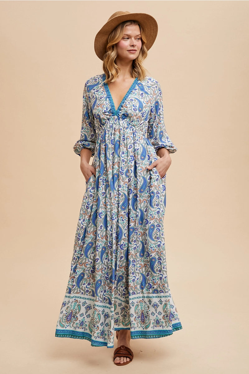 blue dress for baby girl Long Turquoise Paisley Print Dress main image 0