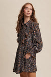 Black Paisley Ruffle Mini Dress