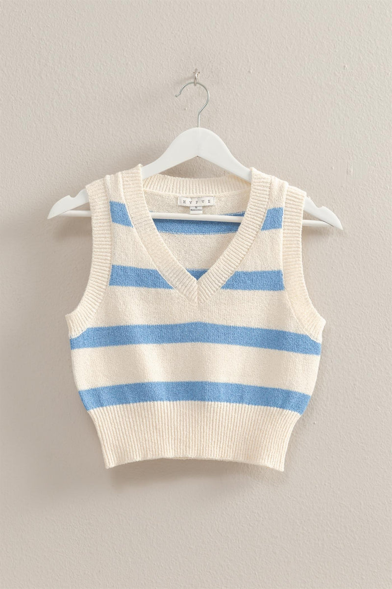 Blue and Ivory Striped Cropped Sweater Vest