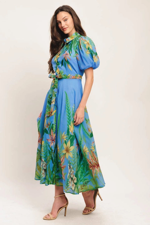 Blue Floral Tropical Bubble Sleeve Midi Dress Modern Millie Blue Floral Tropical Bubble Sleeve Midi Dress Modern Millie