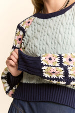 Navy Cable Knit and Granny Squares Pullover Sweater