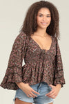 Brown Floral Bell Sleeve Top by Angie