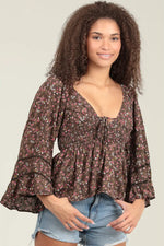 Brown Floral Bell Sleeve Top by Angie