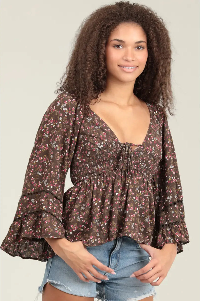 Brown Floral Bell Sleeve Top by Angie