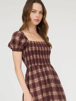 Burgundy Plaid Smocked Puff Sleeve Midi Dress