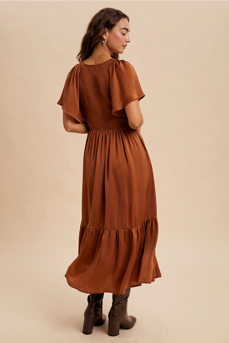 Sepia Smocked Satin Midi Dress