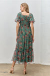 Green Floral Tulle Smocked Midi Dress