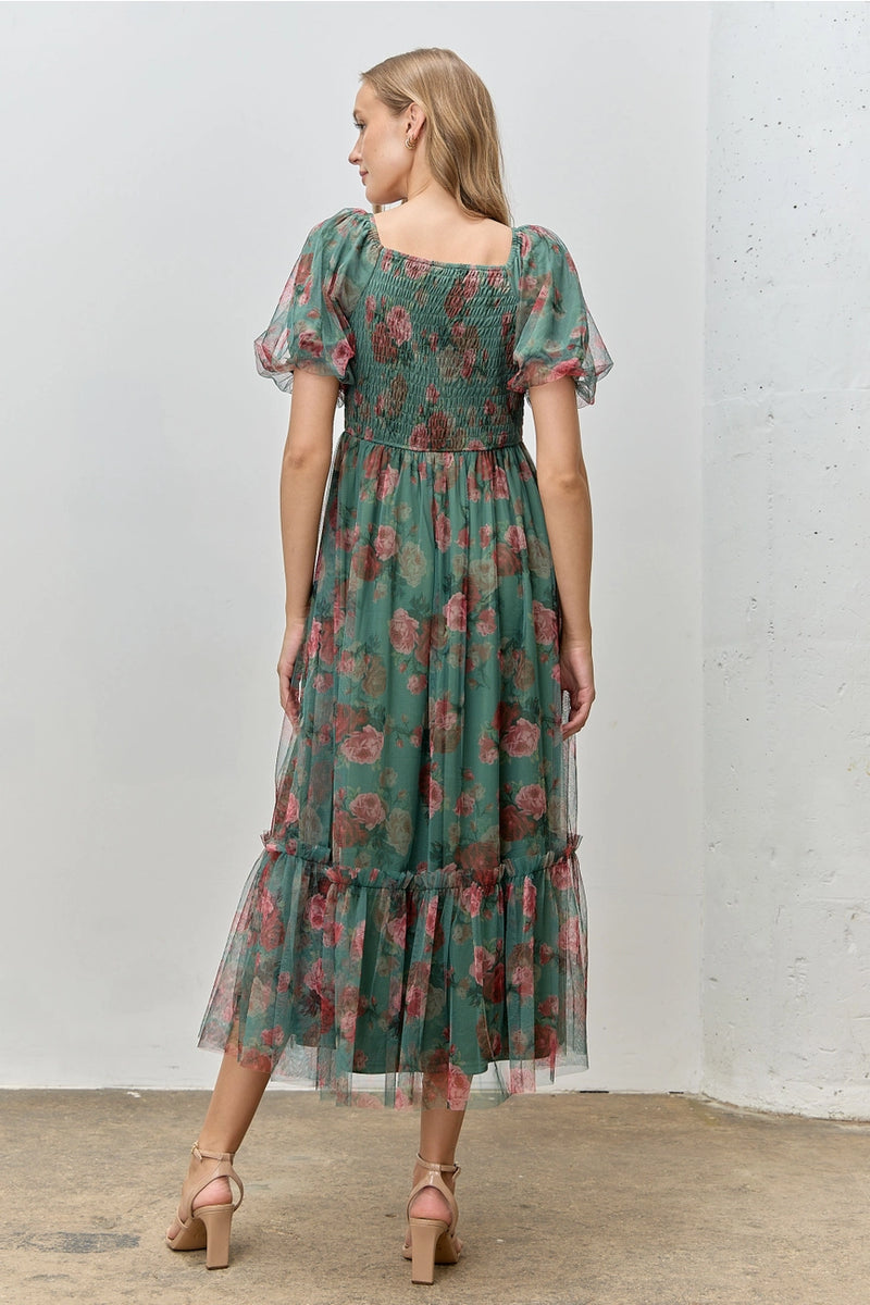 Green Floral Tulle Smocked Midi Dress