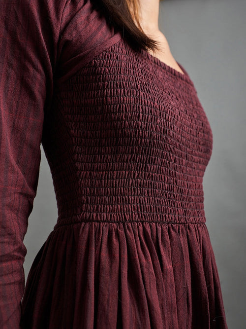Maroon Plaid Smocked Midi Hailee Dress by Mata Traders