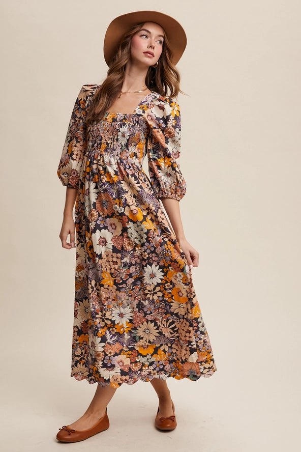 Charcoal Fall Floral Smocked Maxi Dress Small Charcoal Fall Floral Smocked Maxi Dress Small