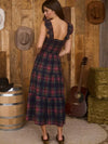Navy Plaid Smocked Ruffle Sleeveless Midi Dress