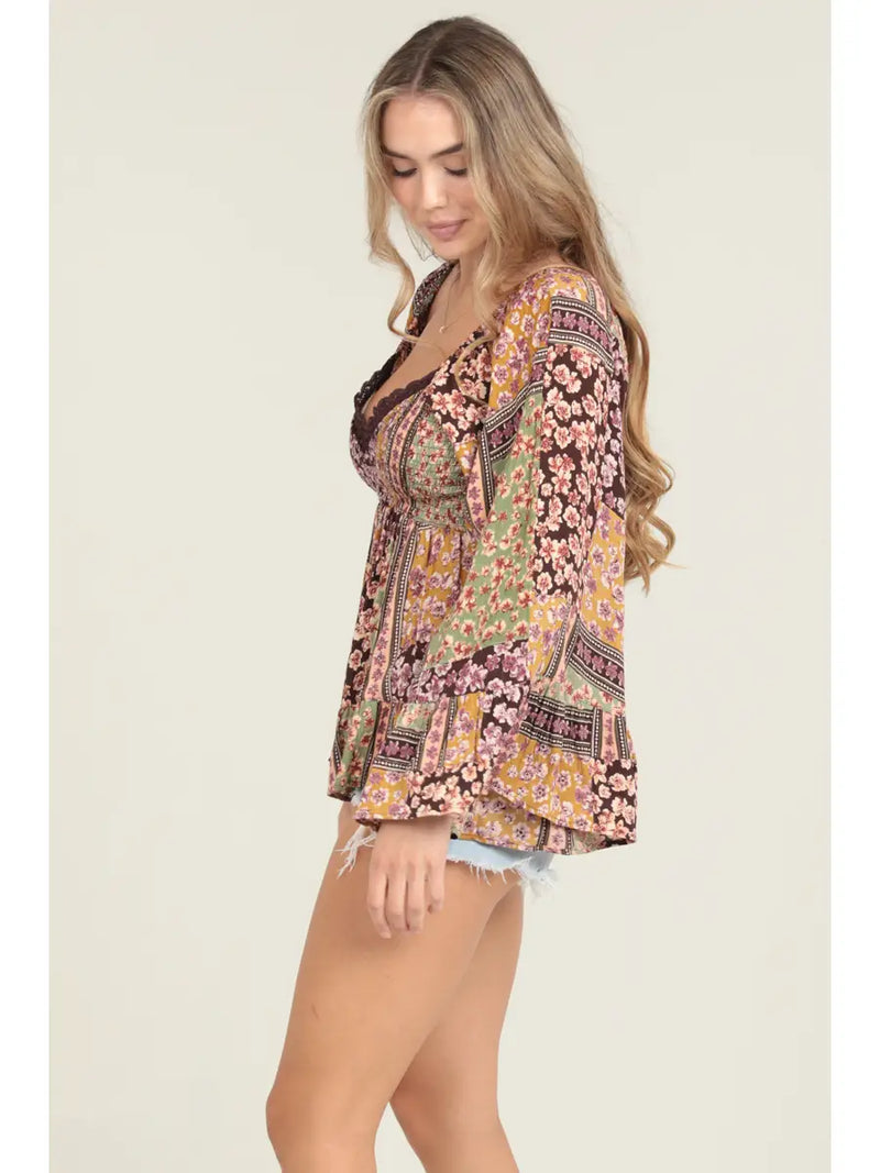 Patchwork Bell Sleeve Tunic Top by Angie
