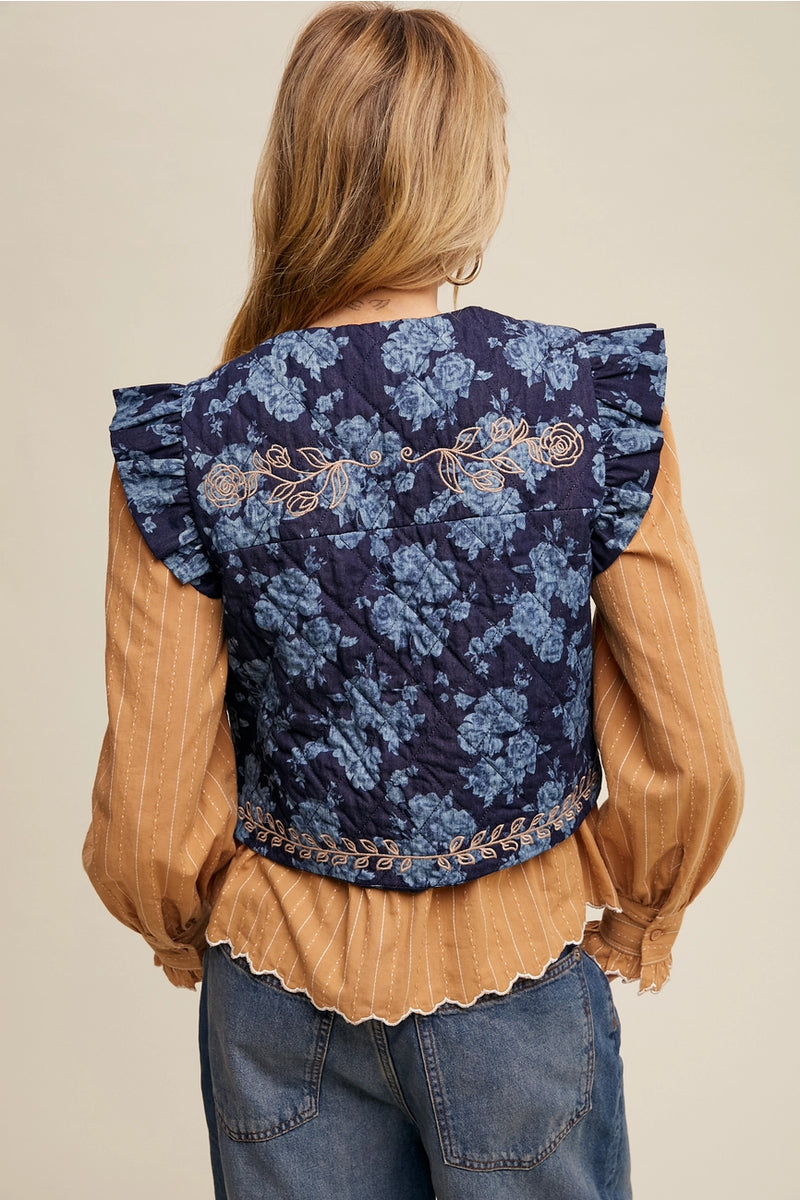 Floral Denim Quilted Tie Front Vest