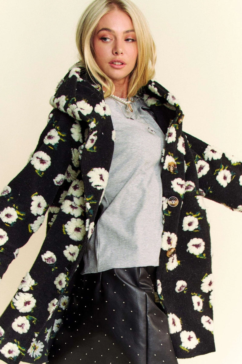 Black Hoodie Jacket with White Fluffy Flowers