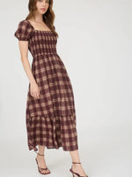 Burgundy Plaid Smocked Puff Sleeve Midi Dress