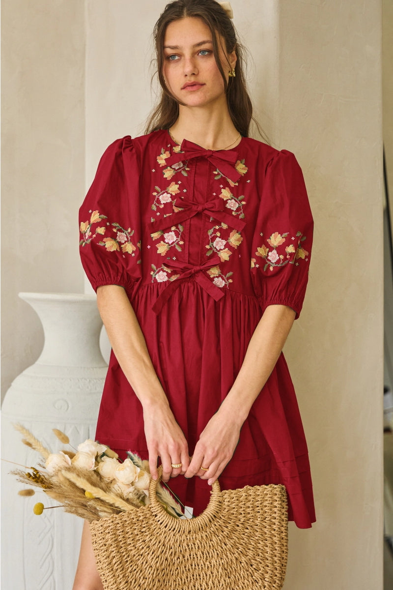 Red Embroidered Balloon Sleeve Mini Dress Small