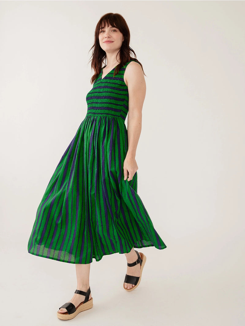 emerald midi dress Lily V-Neck Emerald Green Sleeveless Dress |Printed Cotton