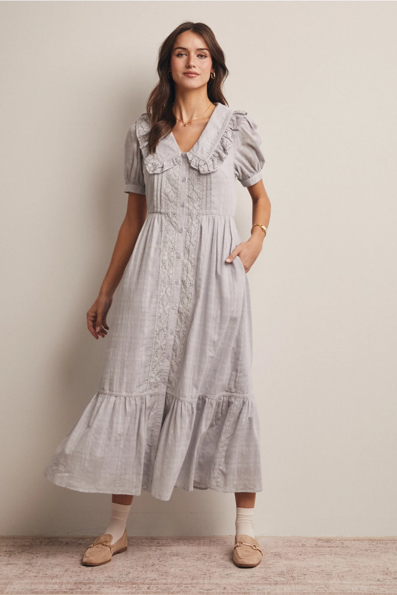 Misty Blue Ruffled Collar Midi Dress X-Large Misty Blue Ruffled Collar Midi Dress X-Large