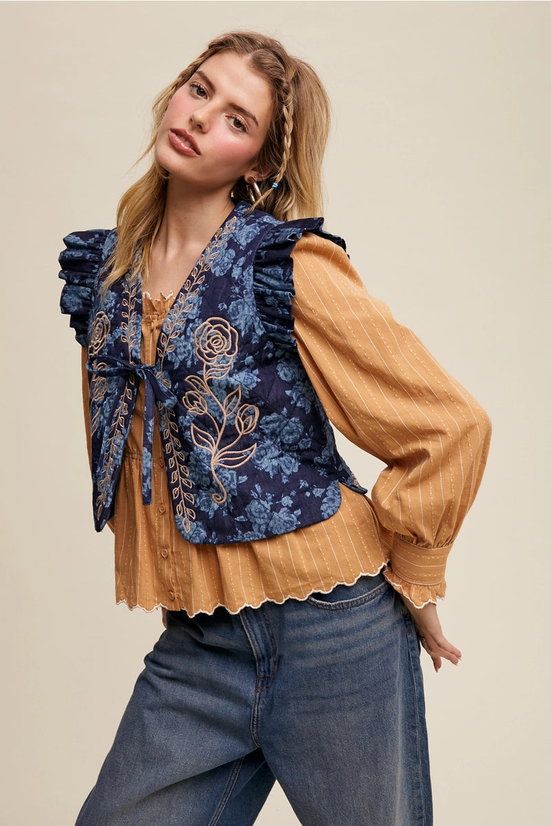 Floral Denim Quilted Tie Front Vest
