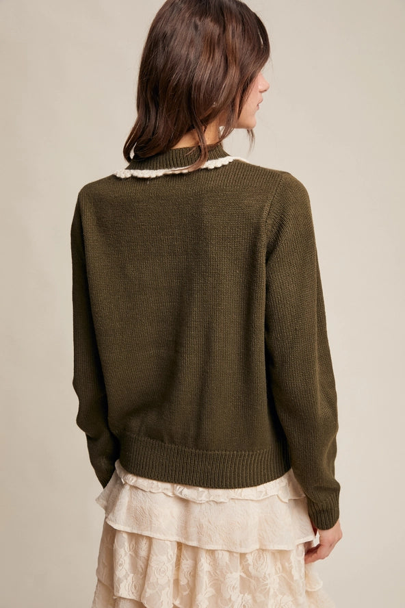 Olive Daisy Embroidered Trim Cardigan
