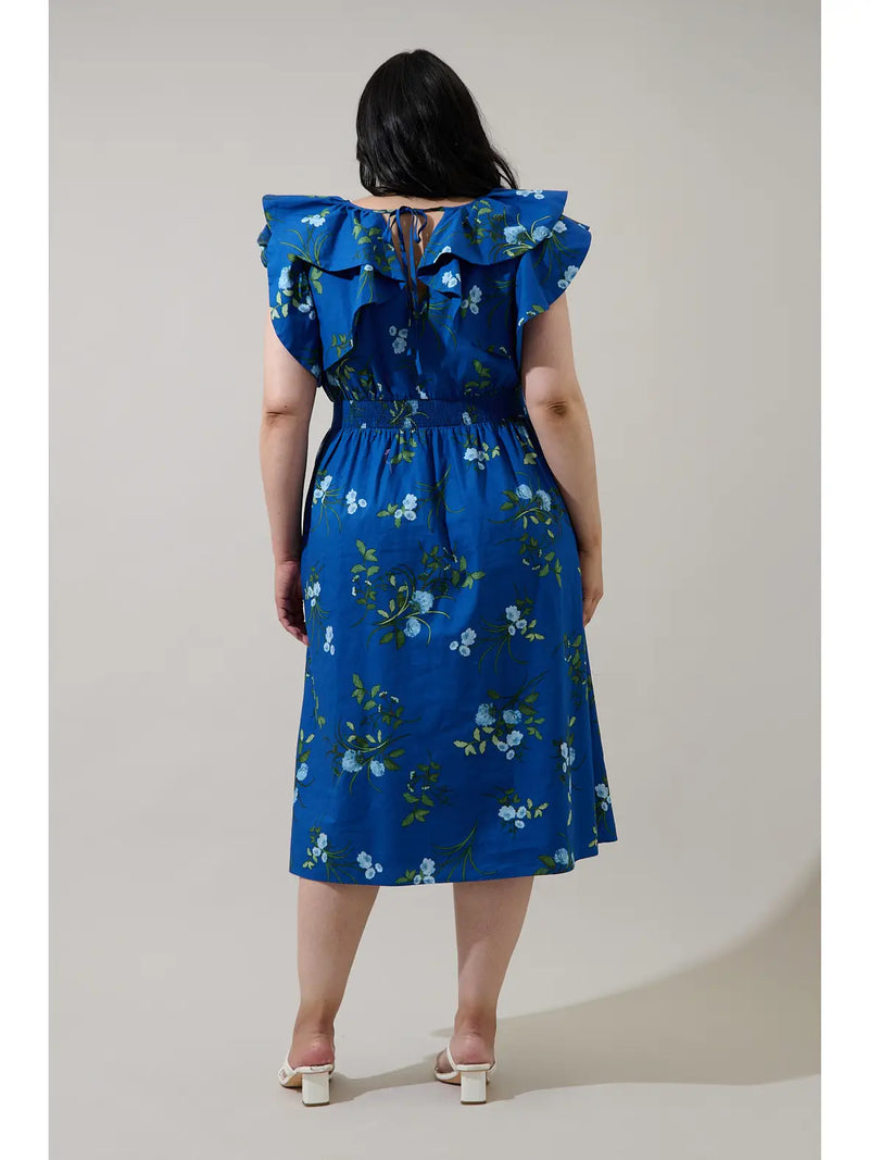 Statement Flutter Sleeve Blue and Green Floral Midi Dress – Modern Millie