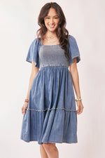 Denim Ruffle Sleeve Smocked Dress