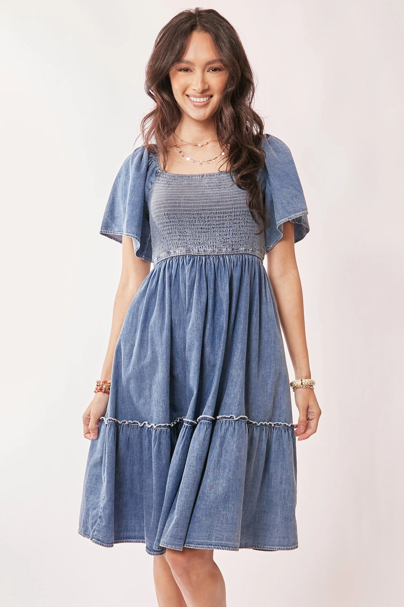 Denim Ruffle Sleeve Smocked Dress