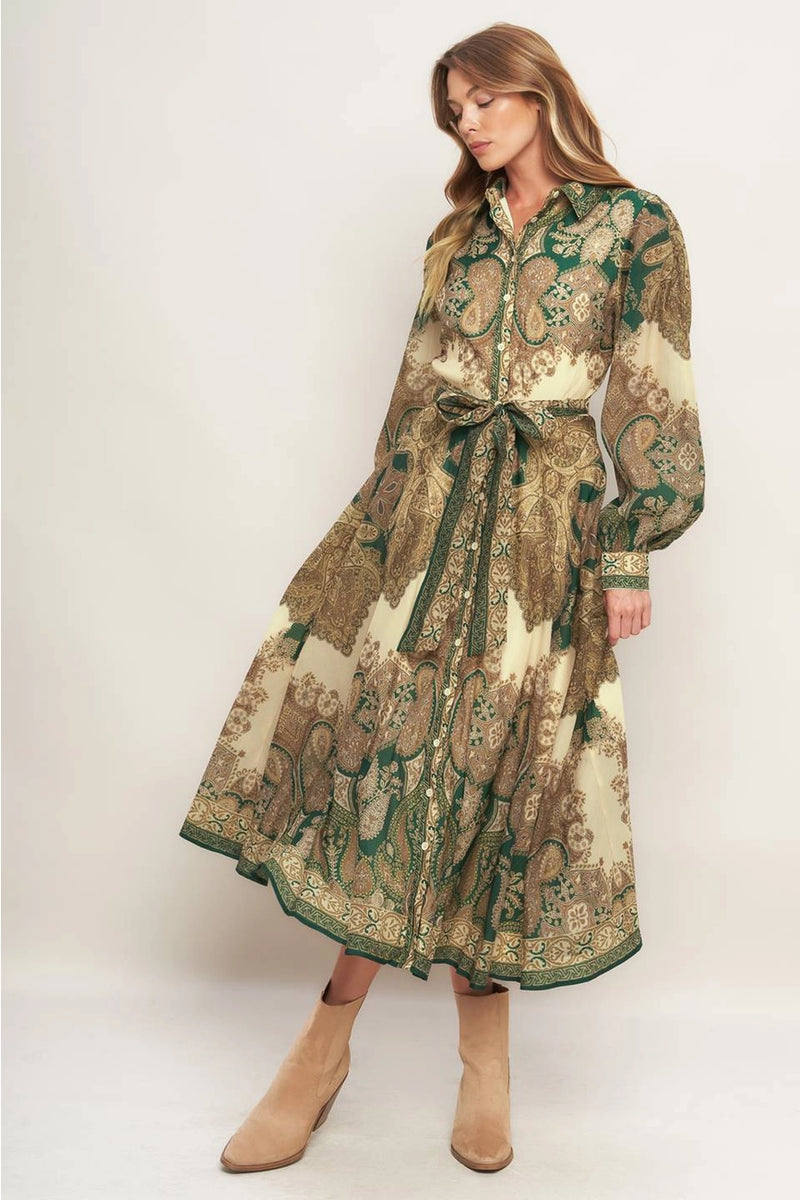 Green and Gold Paisley Maxi Dress Large
