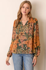 Green and Orange Floral Long Sleeve Blouse