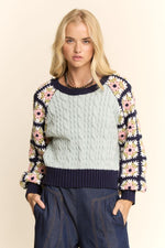 Navy Cable Knit and Granny Squares Pullover Sweater