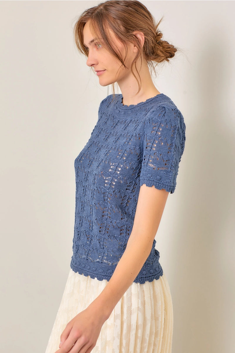 Dusty Blue Crochet Short Sleeve Sweater