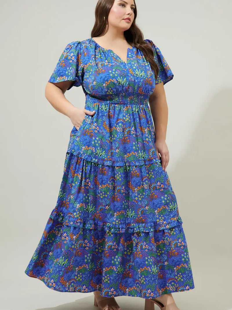 Ruya Floral Palmer Poplin Tiered Maxi Dress Curve COBALT-COMBO / 3X