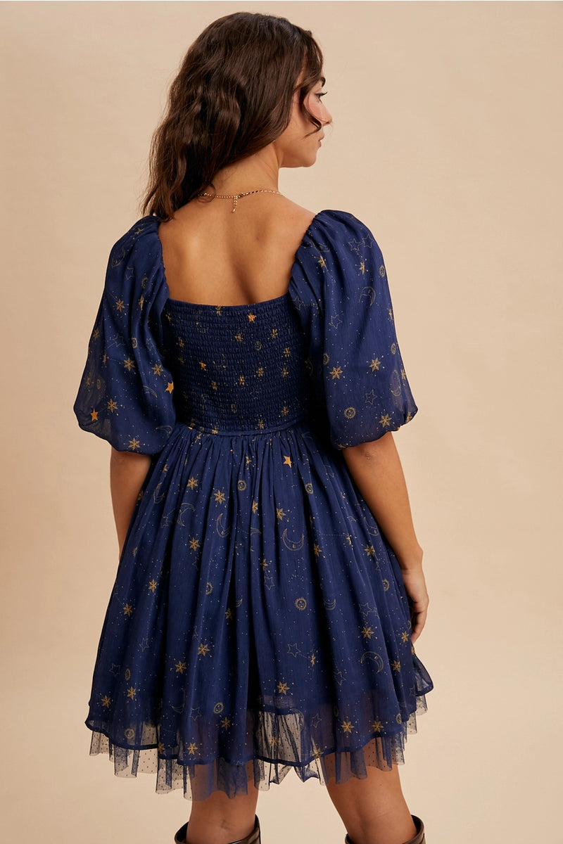 Puff Sleeve Celestial Mini Dress in Navy Large Puff Sleeve Celestial Mini Dress in Navy Large