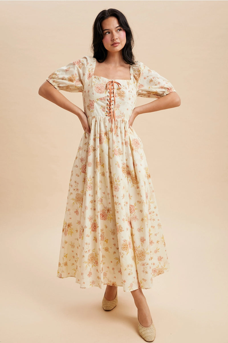 lace up corset midi dress Lace Up Floral Corset Midi Dress