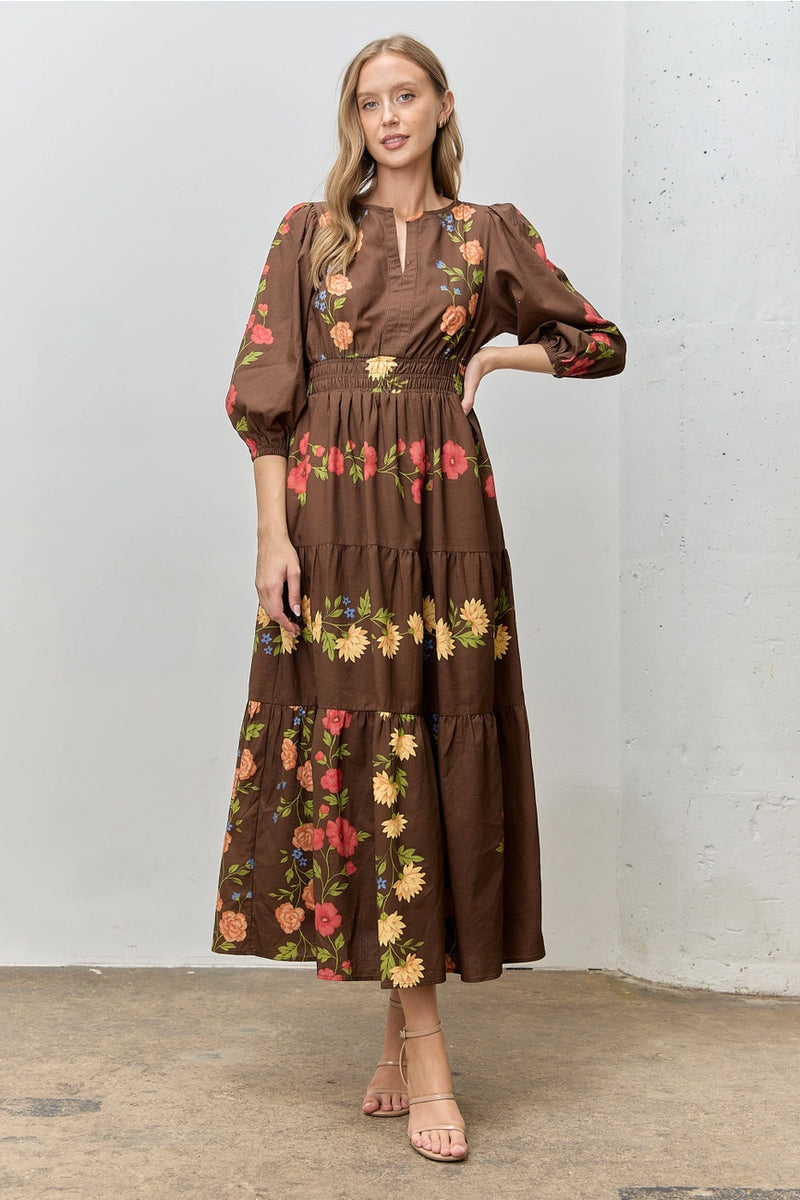 Brown Floral Print Bubble Sleeve Maxi Dress