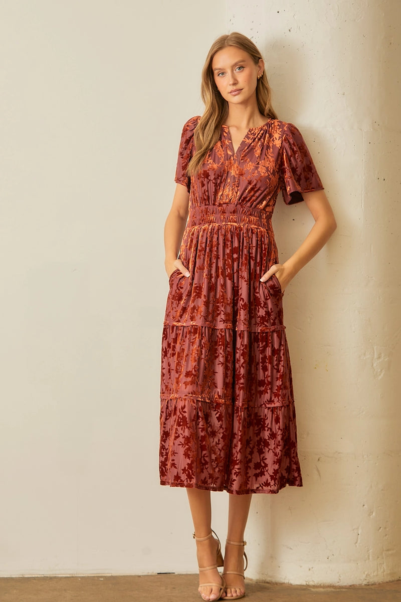 Burnout Velvet Midi Dress in Burgundy