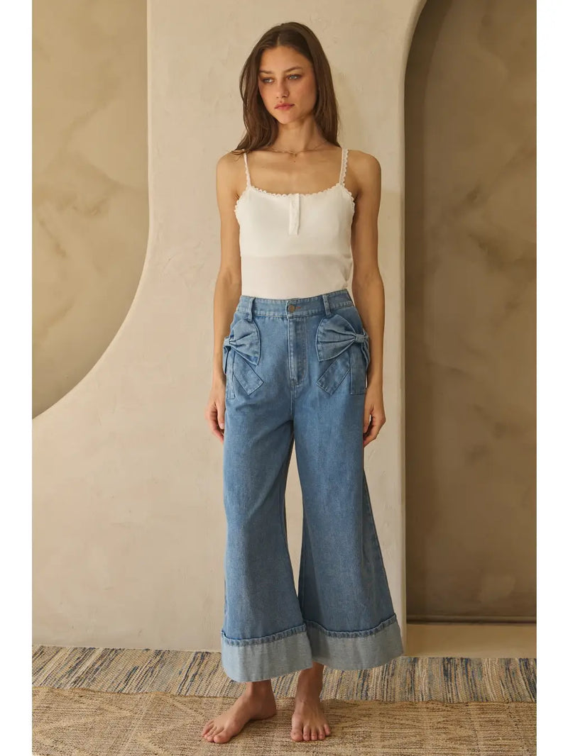 Wide Leg Cropped Bow Pocket Jeans