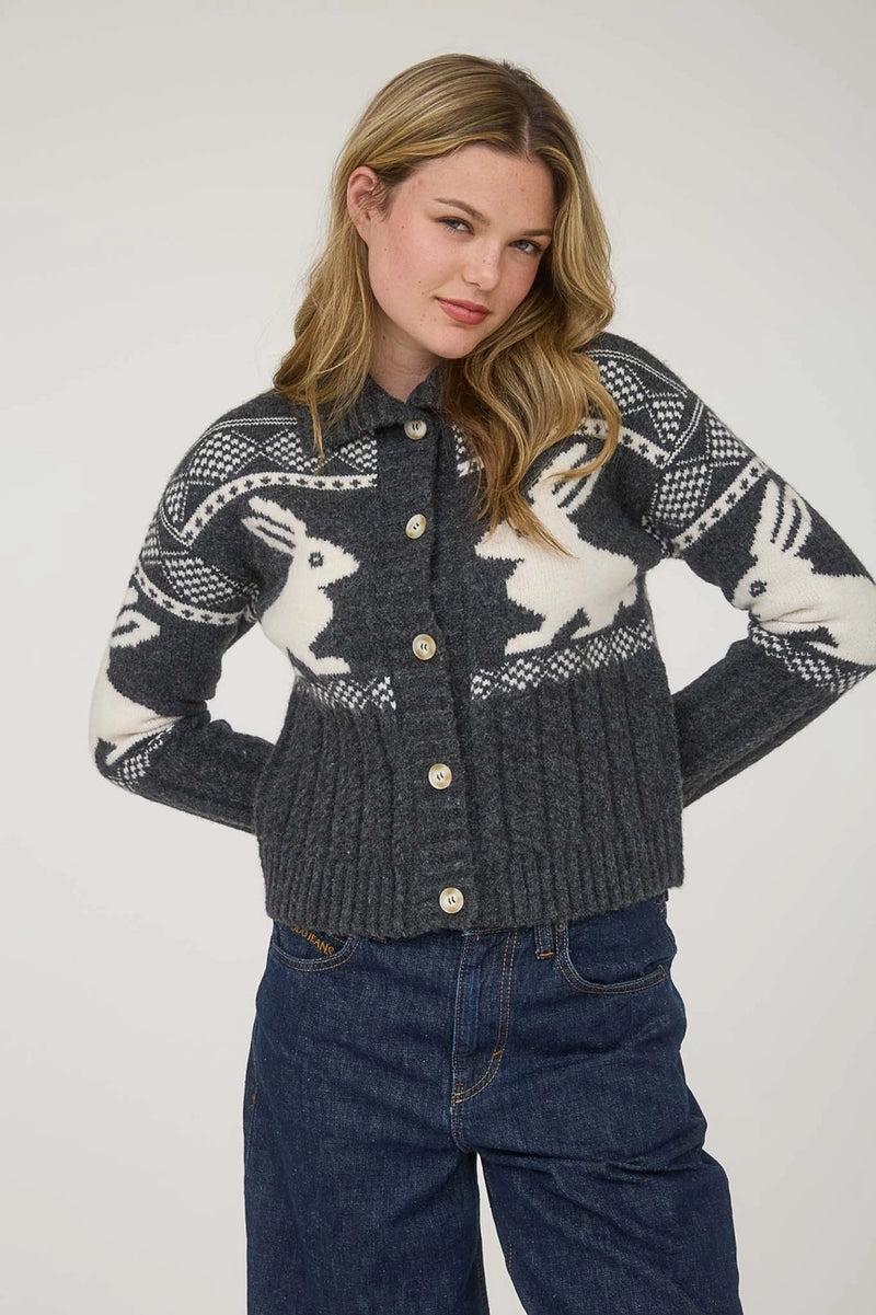 Charcoal Bunny Jacquard Button Down Cardigan Sweater