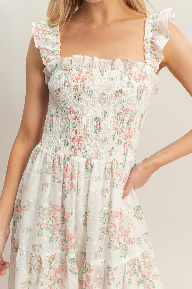 Pink Floral Eyelet Smocked Midi Dress Medium