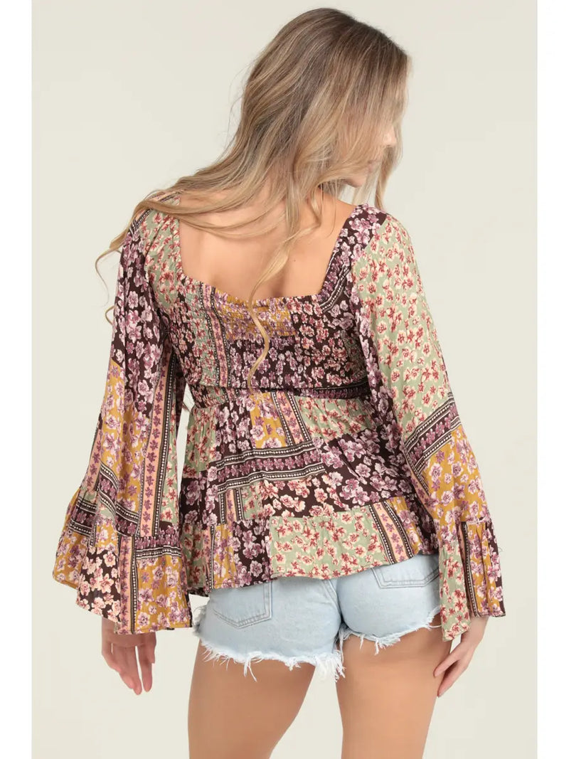 Patchwork Bell Sleeve Tunic Top by Angie