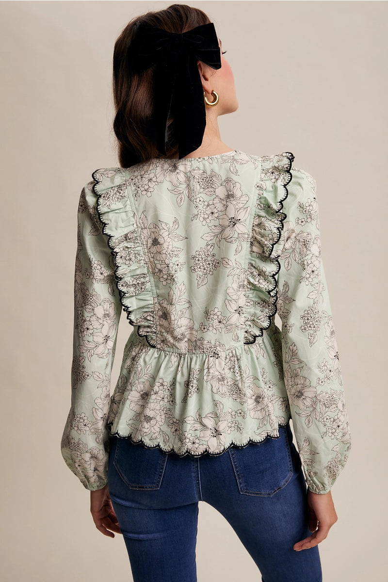 Mint Scalloped Tie Front Ruffle Blouse