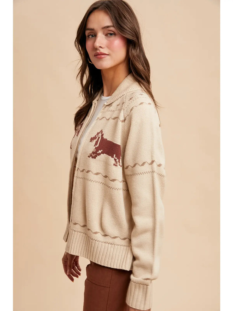 Dachshund Zip Front Cardigan in Ivory