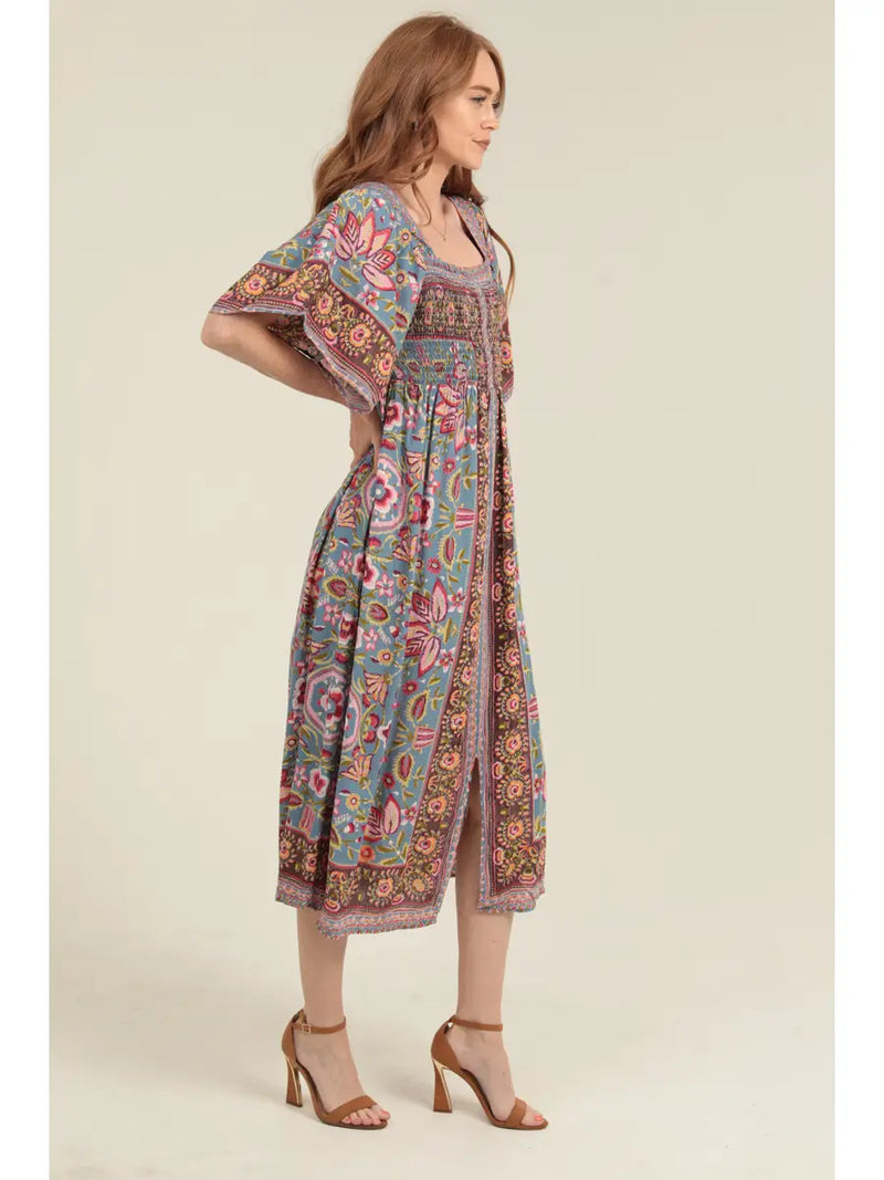 Ruffle Sleeve Boho Smocked Midi Dress