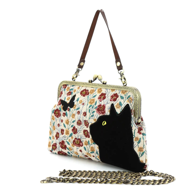 Floral Black Cat Tapestry Kisslock Bag