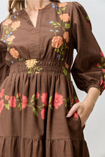 Brown Floral Print Bubble Sleeve Maxi Dress