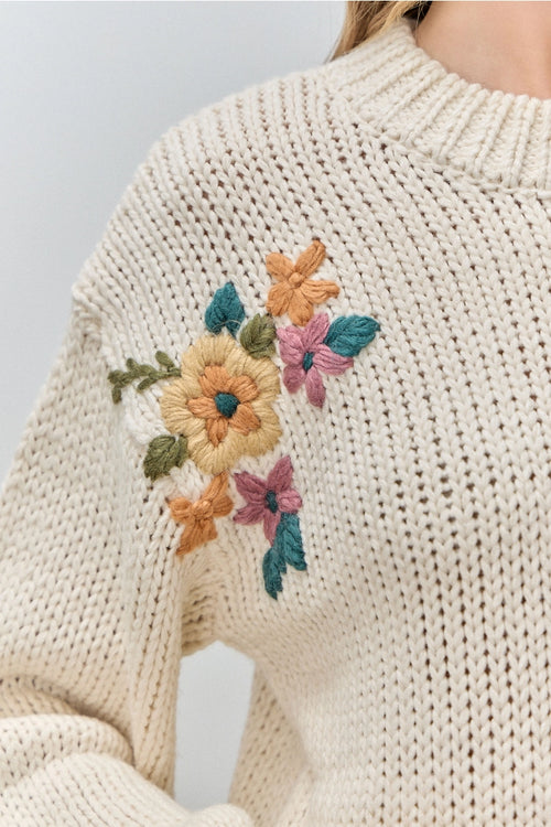 Embroidered Floral Ivory Pullover Sweater