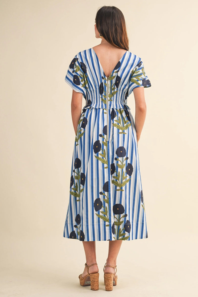 Blue Striped and Floral Midi Dress – Modern Millie