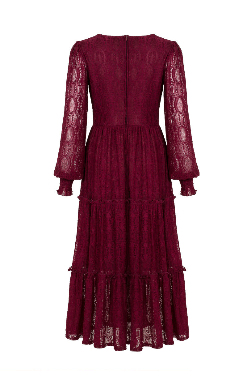 Rhea Burgundy Lace Midi Dress by Hell Bunny
