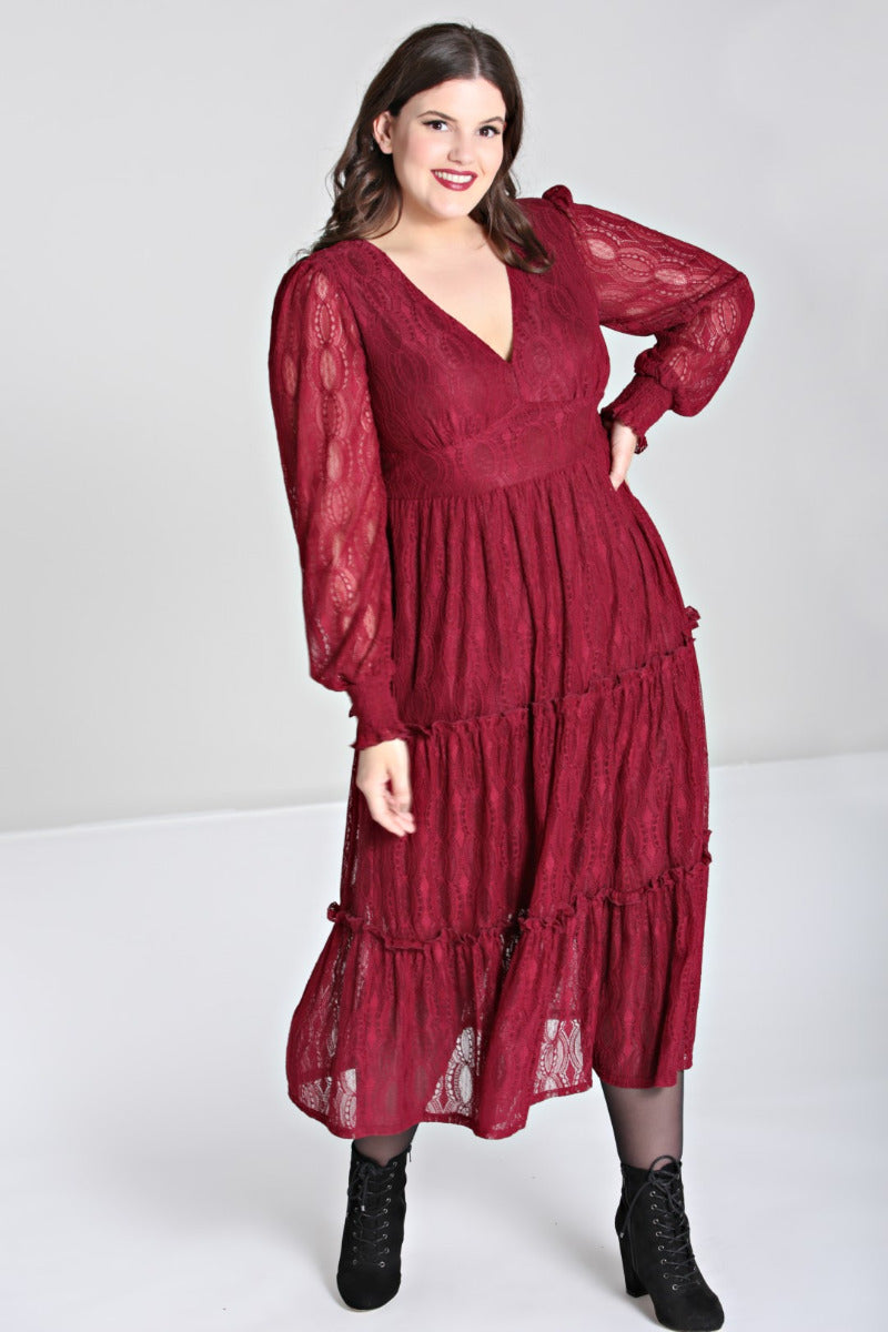 Rhea Burgundy Lace Midi Dress by Hell Bunny