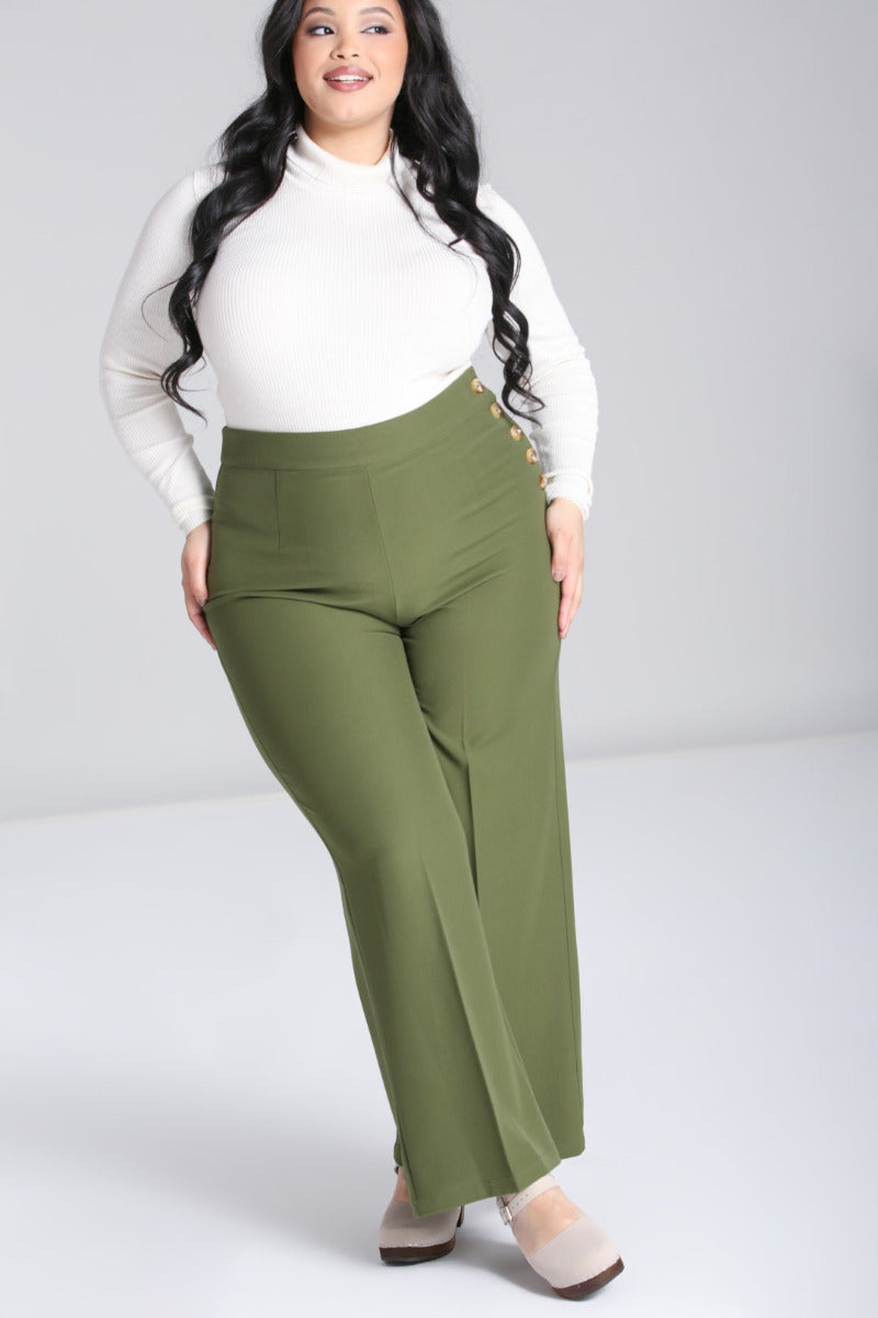 Olive Wide Leg Ginger Pants by Hell Bunny – Modern Millie